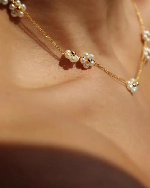 Dainty Floral Pearl Necklace - 18K Gold Vermeil